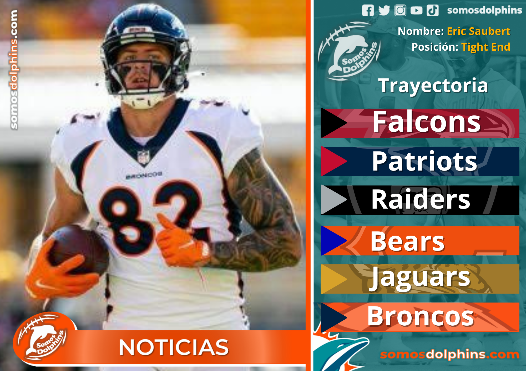 Eric Saubert Trayectoria, Atlanta Falcons New England Patriots, Raiders, Chicago Bears, Jacksonville Jaguars, Denver Broncos, Miami Dolphins sing Tight End Eric Saubert