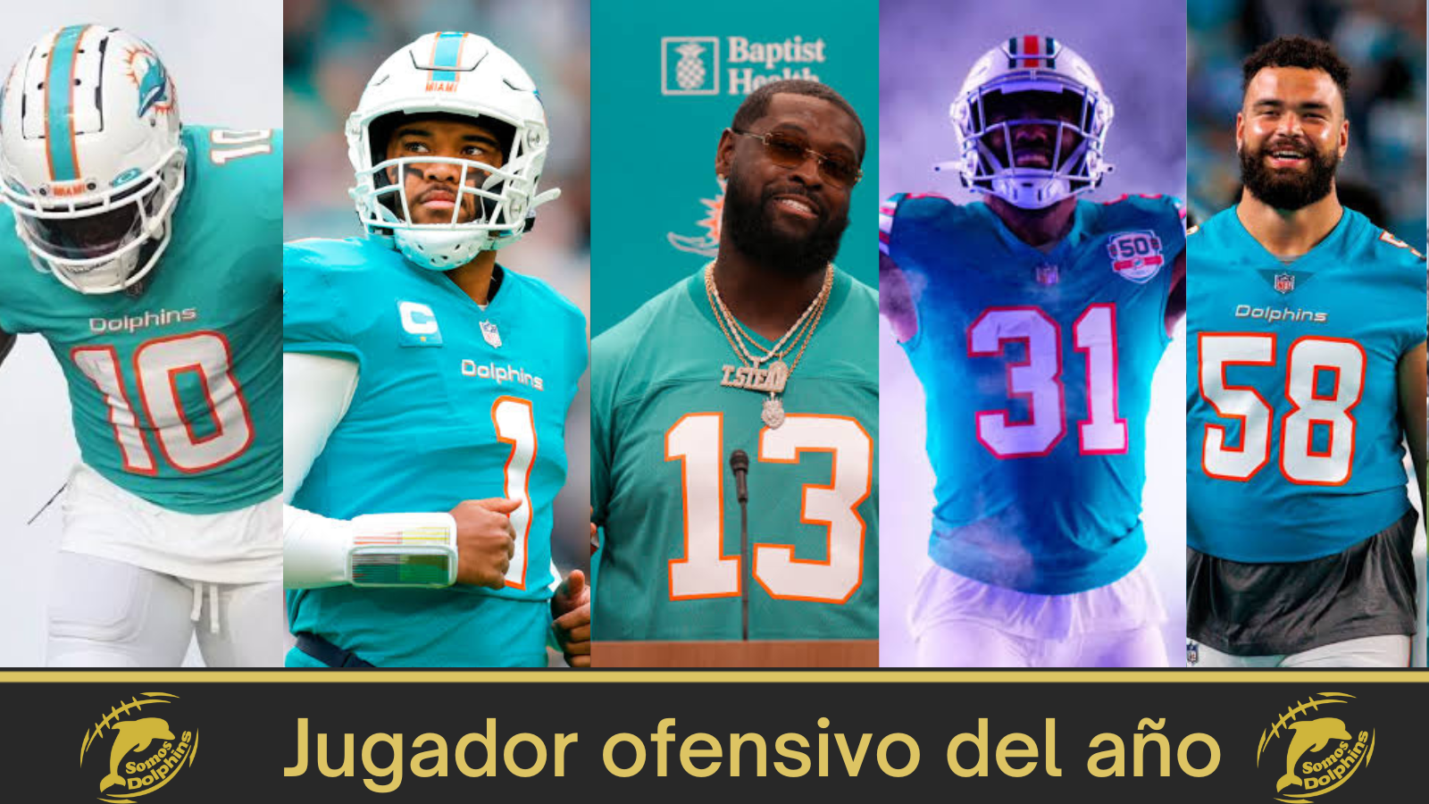 Offensive Player of the year Miami Dolphins 2022, Tyreek Hill, Tua Tagovailoa, Terron Armstead, Raheem Mostert, Connor Williams 